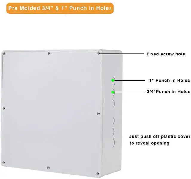 Alt view image 2 of 6 - 12" x 12" x 4" PVC Plastic Junction Box with Pre Molded 3/4" & 1" Punch in Holes Waterproof Electrical Boxes Project Junction Conduit Box for Electrical Outdoor Enclosure