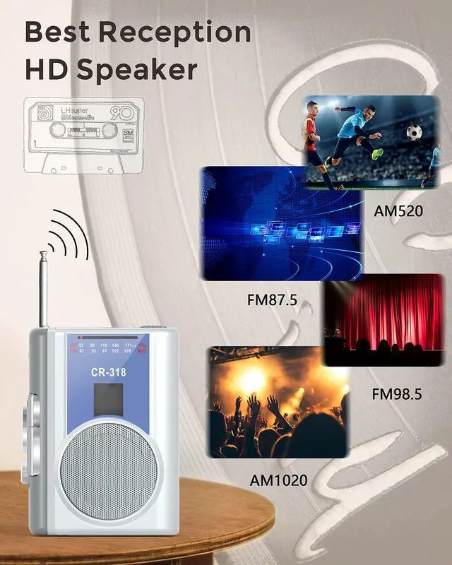 Alt view image 3 of 7 - Protable Cassette Recorder Player: AM FM Compact Cassette Tape Player with Big Speaker & Earphone Jack, Build in Microphone,Cassette Player Powered by DC or AA Battery
