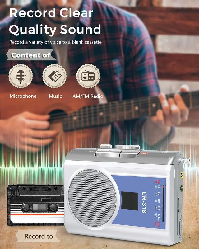 Alt view image 4 of 7 - Protable Cassette Recorder Player: AM FM Compact Cassette Tape Player with Big Speaker & Earphone Jack, Build in Microphone,Cassette Player Powered by DC or AA Battery