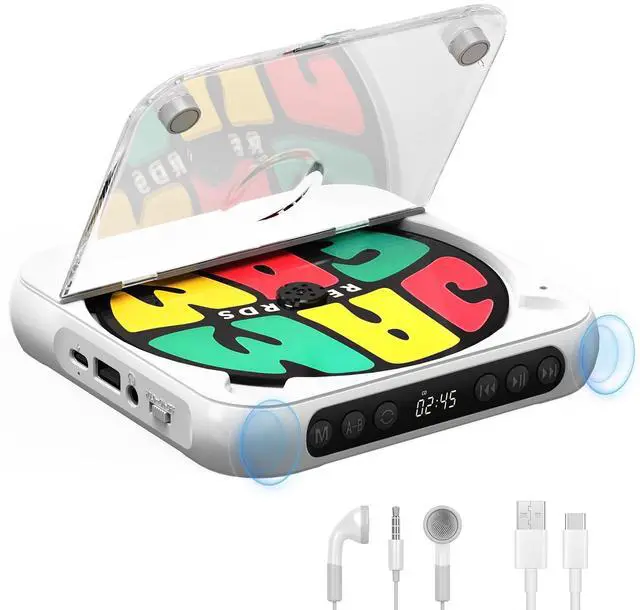 Main image of Portable CD Player with Bluetooth, Rechargeable CD Player for Home/Car, Built-in HiFi Speakers, Headphones, LCD Screen, Supports CD/AUX/USB and Repeat Modes, White