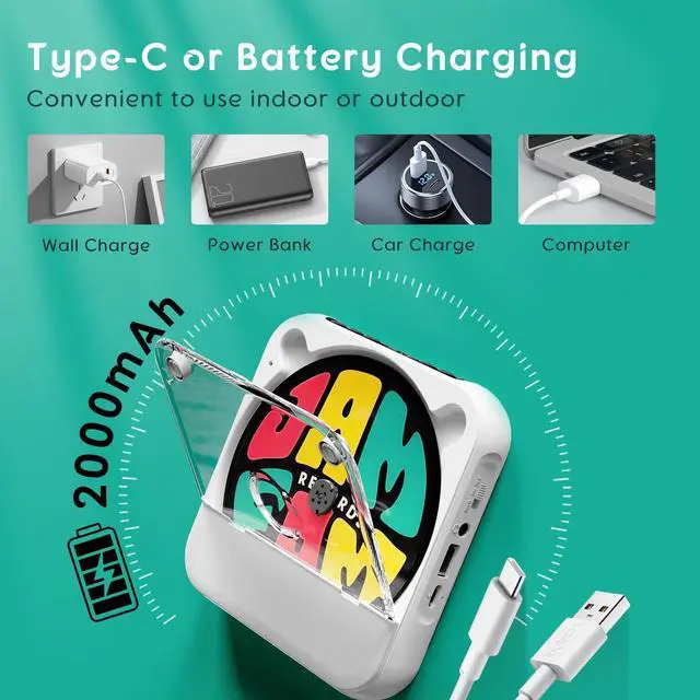 Alt view image 3 of 7 - Portable CD Player with Bluetooth, Rechargeable CD Player for Home/Car, Built-in HiFi Speakers, Headphones, LCD Screen, Supports CD/AUX/USB and Repeat Modes, White