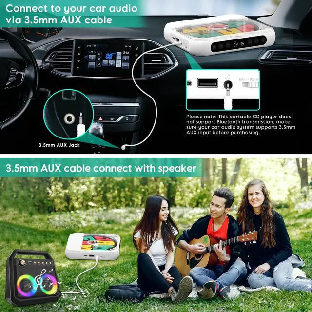 Alt view image 4 of 7 - Portable CD Player with Bluetooth, Rechargeable CD Player for Home/Car, Built-in HiFi Speakers, Headphones, LCD Screen, Supports CD/AUX/USB and Repeat Modes, White