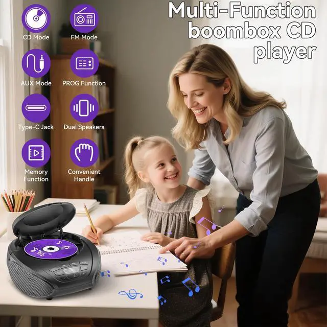 Alt view image 2 of 7 - CD Player Portable Boombox: Home Audio CD Players with Speakers FM Radio AUX Input Support Headphones Playlist Mode PROG Playback for Outdoor Indoor Audiobooks