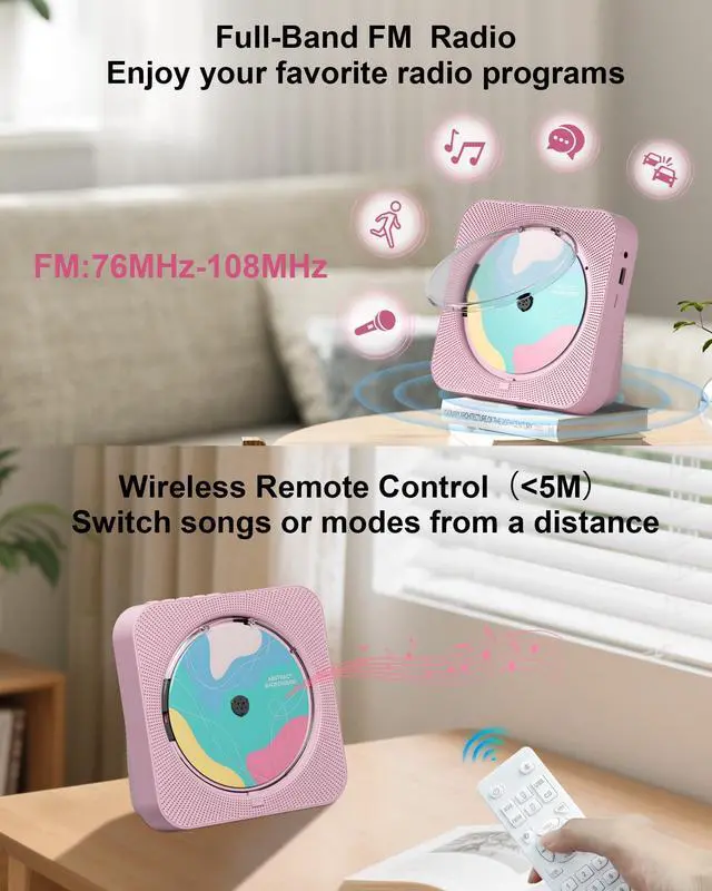 Alt view image 4 of 7 - CD Player Portable with Bluetooth Desktop CD Players for Home with HiFi Sound Speakers,Mini Cute CD Player for Kids,Remote Control,Dust Cover,LED Display,Boombox FM Radio (Black)