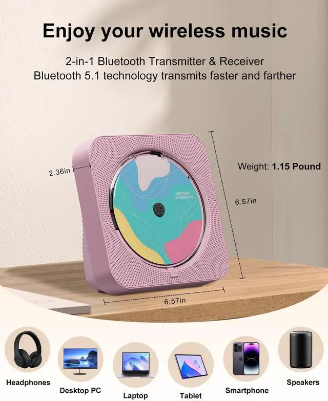 Alt view image 5 of 7 - CD Player Portable with Bluetooth Desktop CD Players for Home with HiFi Sound Speakers,Mini Cute CD Player for Kids,Remote Control,Dust Cover,LED Display,Boombox FM Radio (Black)