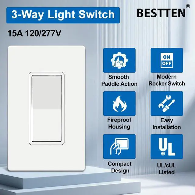 Alt view image 2 of 7 - 20 Pack 3 Way Decorator Light Switch with Screwless Wall Plate,15A 120/277V, Paddle Rocker Wall Switch, On/Off Interrupter, UL Listed, White