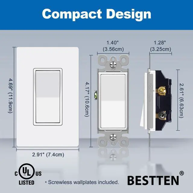 Alt view image 3 of 7 - 20 Pack 3 Way Decorator Light Switch with Screwless Wall Plate,15A 120/277V, Paddle Rocker Wall Switch, On/Off Interrupter, UL Listed, White