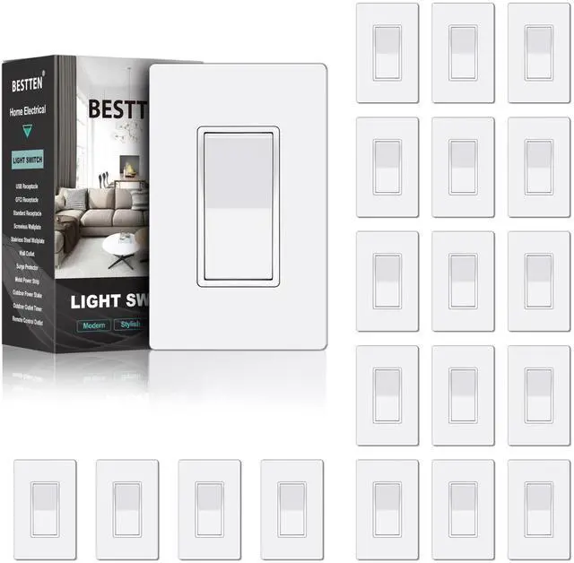 Main image of 20 Pack 3 Way Decorator Light Switch with Screwless Wall Plate,15A 120/277V, Paddle Rocker Wall Switch, On/Off Interrupter, UL Listed, White