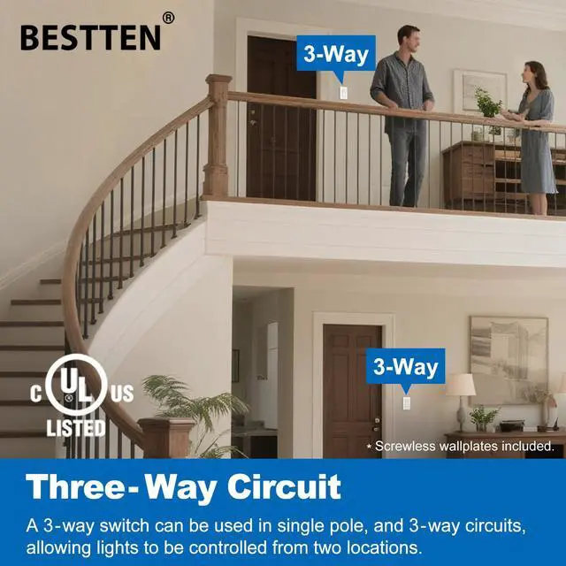 Alt view image 5 of 7 - 20 Pack 3 Way Decorator Light Switch with Screwless Wall Plate,15A 120/277V, Paddle Rocker Wall Switch, On/Off Interrupter, UL Listed, White