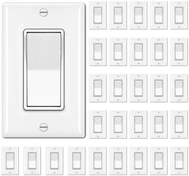 Main image of 30 Pack Single Pole Decorator Light Switch, Rocker Paddle Wall Switch, On/Off Interrupter, w/Wall Plate, 15A 120/277V, UL Listed, White