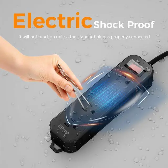 Alt view image 5 of 7 - Outdoor Power Strip Weatherproof, 25 FT Extension Cord, Diivoo Waterproof Surge Protector with 4 Outlets 1250W Shockproof Overload Protection, Flat Plug, Black