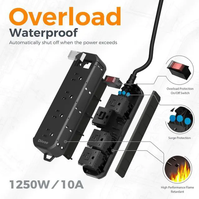 Alt view image 6 of 7 - Outdoor Power Strip Weatherproof, 25 FT Extension Cord, Diivoo Waterproof Surge Protector with 4 Outlets 1250W Shockproof Overload Protection, Flat Plug, Black