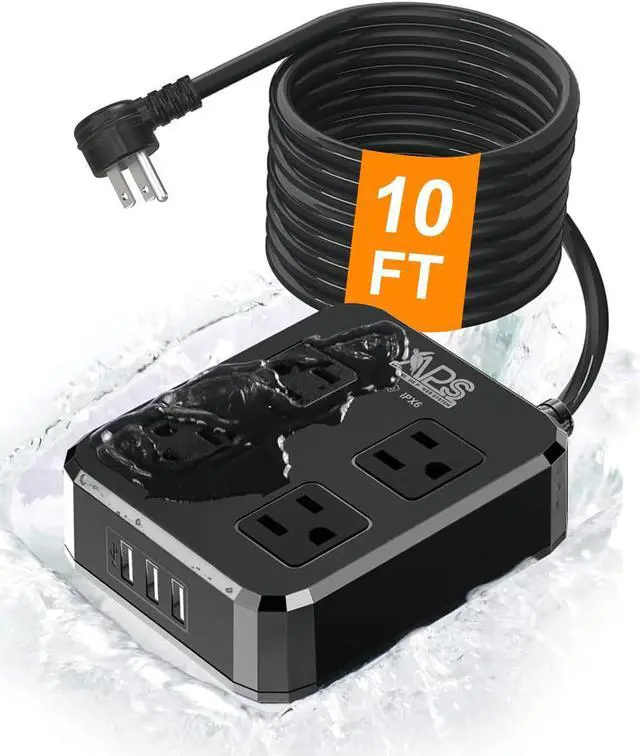 Main image of Outdoor Power Strip Weatherproof, Waterproof Surge Protector with 4 Wide Outlet with 3 USB Ports, 10FT Extension Cord,1875W Overload Protection,Outlet Extender for Christmas Lights ETL Listed Black