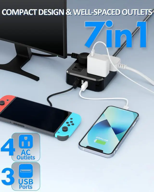 Alt view image 2 of 6 - Outdoor Power Strip Weatherproof, Waterproof Surge Protector with 4 Wide Outlet with 3 USB Ports, 10FT Extension Cord,1875W Overload Protection,Outlet Extender for Christmas Lights ETL Listed Black