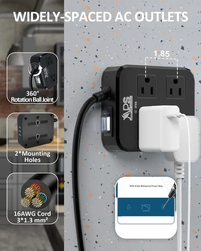 Alt view image 6 of 6 - Outdoor Power Strip Weatherproof, Waterproof Surge Protector with 4 Wide Outlet with 3 USB Ports, 10FT Extension Cord,1875W Overload Protection,Outlet Extender for Christmas Lights ETL Listed Black