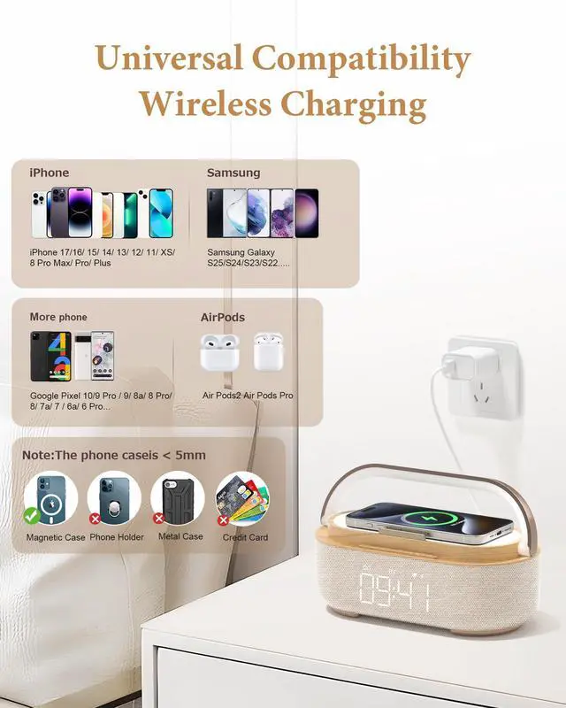 Alt view image 7 of 7 - Bluetooth Speaker Alarm Clock with Wireless Charger, FM Radio, Adjustable LED Night Light, 6 in 1 Bedroom Portable Speaker 2500mAh, Phone Stand for Bedside, Home, Office, Gift