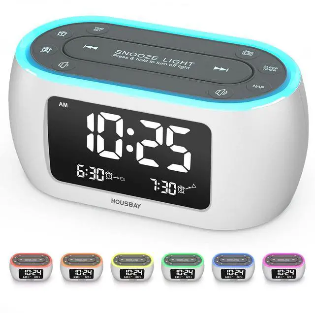 Main image of HOUSBAY Glow Small Alarm Clock Radio for Bedrooms with 7 Color Night Light, Dual Alarm, Dimmer, USB Charger, Battery Backup, Nap Timer, FM Radio with Auto-Off Timer for BedsideWhite