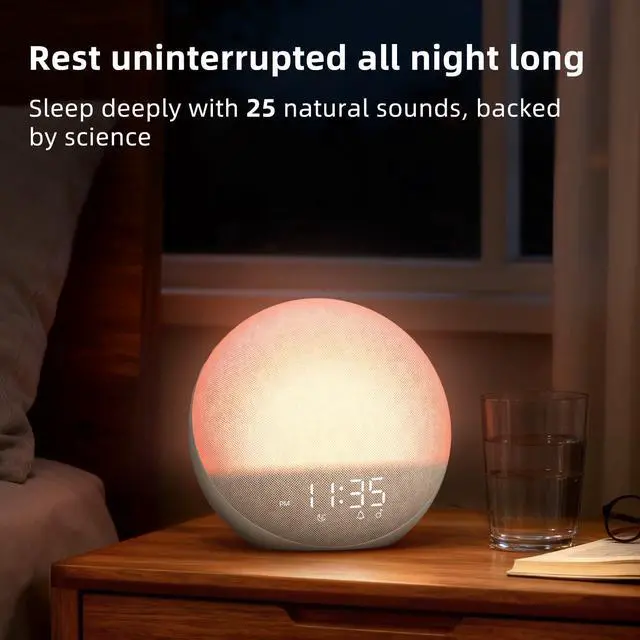 Alt view image 3 of 7 - Sunrise Alarm Clock White Noise Machine: Natural Wake Up Light - Dimmable Clock with Bluetooth Speaker for Bedroom - 25 Sleep Sounds for Baby Adults Kids Putty