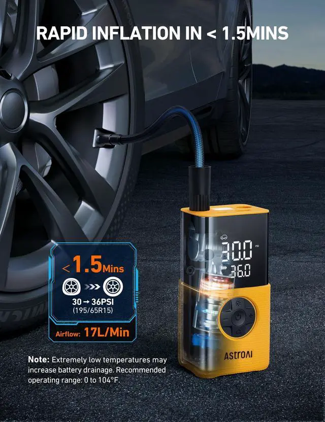 Alt view image 4 of 7 - Tire Inflator L7S Portable Air Compressor Cordless Bike Air Pump with Digital Dual Values Display, 150 PSI Car Tires Pump with LED Lights Air Pump for Auto, Motorcycles, Bikes, Balls