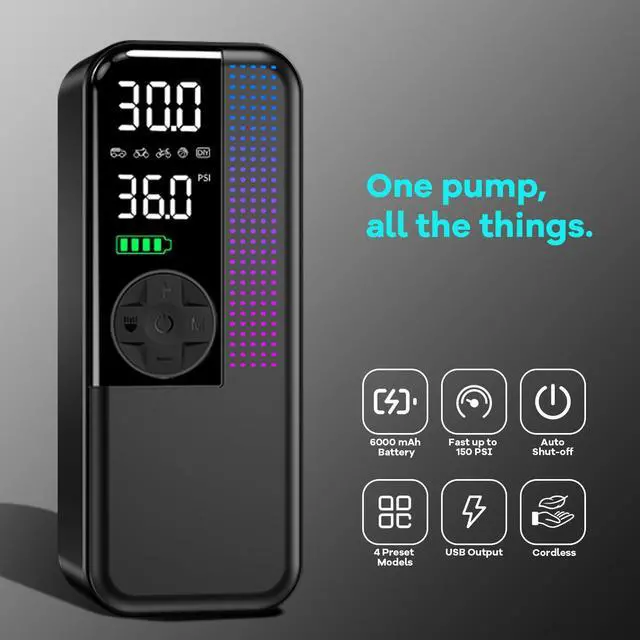 Alt view image 2 of 7 - Tire Inflator Portable Air Compressor, 150 PSI Cordless Air Pump, Dual Power 6000mAh, 12V DC Car Plug, Fast Inflation 24L/Min, Auto Shut-Off, LED Light, 4 Preset Modes for Car, Bike, Motorcycle, Balls