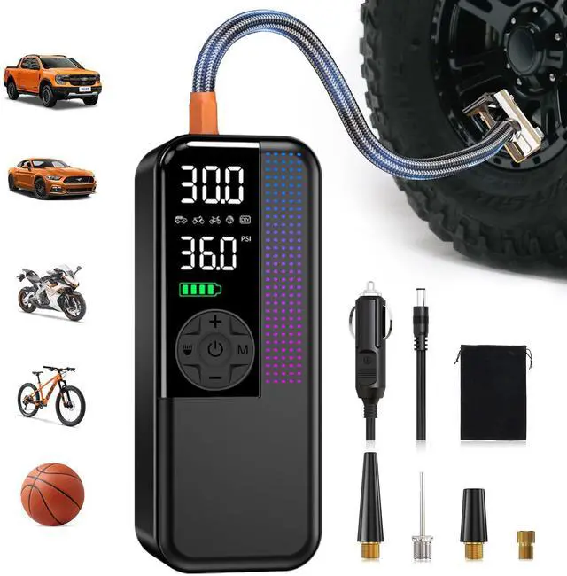 Main image of Tire Inflator Portable Air Compressor, 150 PSI Cordless Air Pump, Dual Power 6000mAh, 12V DC Car Plug, Fast Inflation 24L/Min, Auto Shut-Off, LED Light, 4 Preset Modes for Car, Bike, Motorcycle, Balls