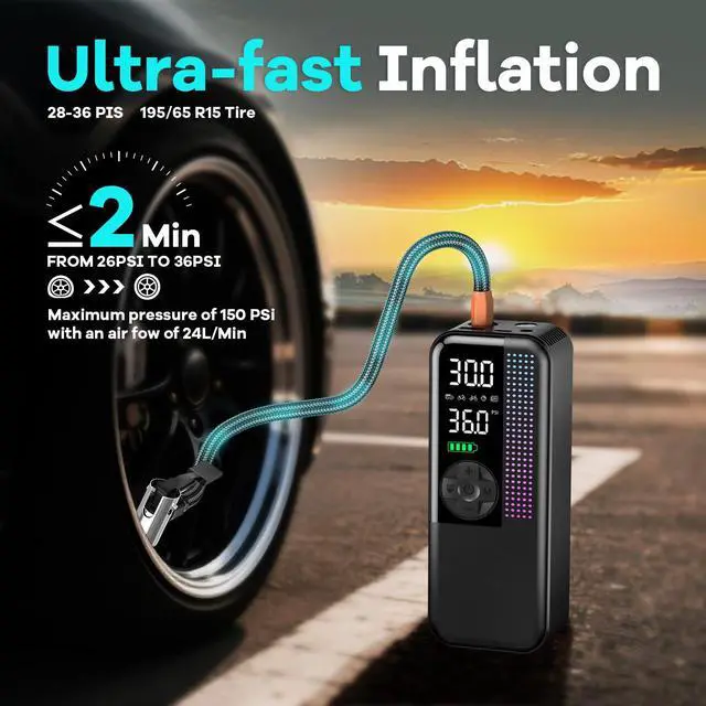 Alt view image 3 of 7 - Tire Inflator Portable Air Compressor, 150 PSI Cordless Air Pump, Dual Power 6000mAh, 12V DC Car Plug, Fast Inflation 24L/Min, Auto Shut-Off, LED Light, 4 Preset Modes for Car, Bike, Motorcycle, Balls