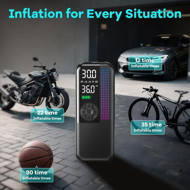 Alt view image 4 of 7 - Tire Inflator Portable Air Compressor, 150 PSI Cordless Air Pump, Dual Power 6000mAh, 12V DC Car Plug, Fast Inflation 24L/Min, Auto Shut-Off, LED Light, 4 Preset Modes for Car, Bike, Motorcycle, Balls