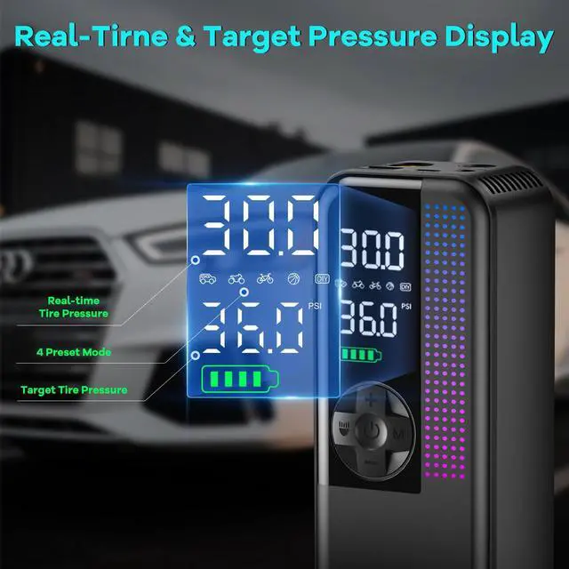 Alt view image 5 of 7 - Tire Inflator Portable Air Compressor, 150 PSI Cordless Air Pump, Dual Power 6000mAh, 12V DC Car Plug, Fast Inflation 24L/Min, Auto Shut-Off, LED Light, 4 Preset Modes for Car, Bike, Motorcycle, Balls