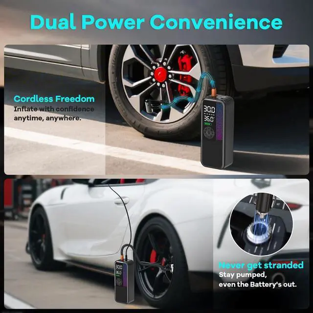 Alt view image 6 of 7 - Tire Inflator Portable Air Compressor, 150 PSI Cordless Air Pump, Dual Power 6000mAh, 12V DC Car Plug, Fast Inflation 24L/Min, Auto Shut-Off, LED Light, 4 Preset Modes for Car, Bike, Motorcycle, Balls