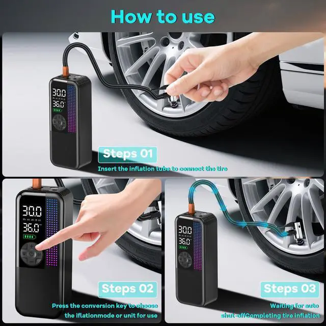 Alt view image 7 of 7 - Tire Inflator Portable Air Compressor, 150 PSI Cordless Air Pump, Dual Power 6000mAh, 12V DC Car Plug, Fast Inflation 24L/Min, Auto Shut-Off, LED Light, 4 Preset Modes for Car, Bike, Motorcycle, Balls