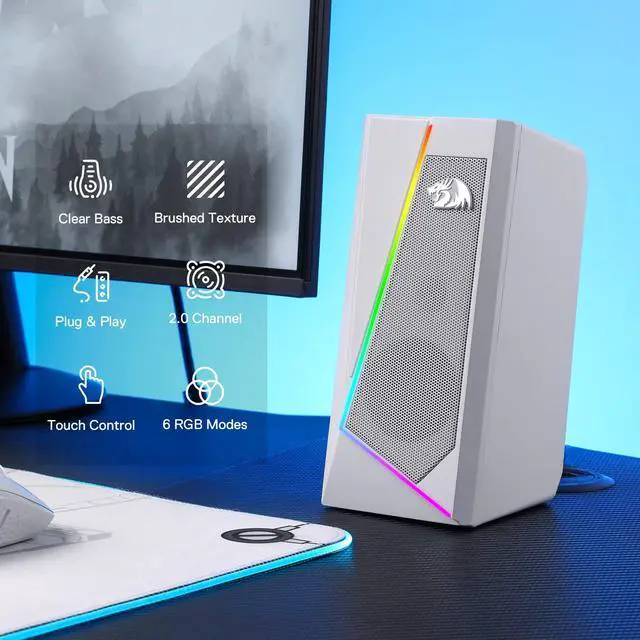 Alt view image 2 of 7 - GS520 RGB Desktop Speakers, 2.0 Channel PC Computer Stereo Speaker with 6 Colorful LED Modes, Enhanced Sound and Easy-Access Volume Control, USB Powered w/ 3.5mm Cable, White