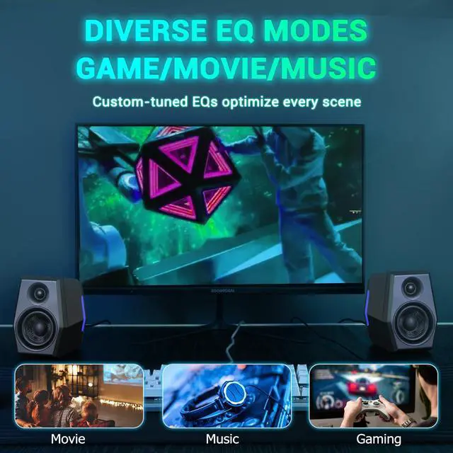 Alt view image 4 of 7 - SW209 36W PC Gaming Speakers with 24bit DAC USB, Bluetooth 5.2 and Aux Inputs, 3 EQ Sound Modes, 2.0 RGB Lighting Multimedia Speakers for Computer Desktop Monitor Laptop, Black