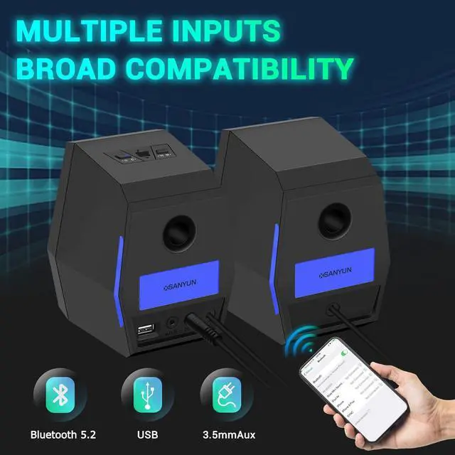 Alt view image 5 of 7 - SW209 36W PC Gaming Speakers with 24bit DAC USB, Bluetooth 5.2 and Aux Inputs, 3 EQ Sound Modes, 2.0 RGB Lighting Multimedia Speakers for Computer Desktop Monitor Laptop, Black