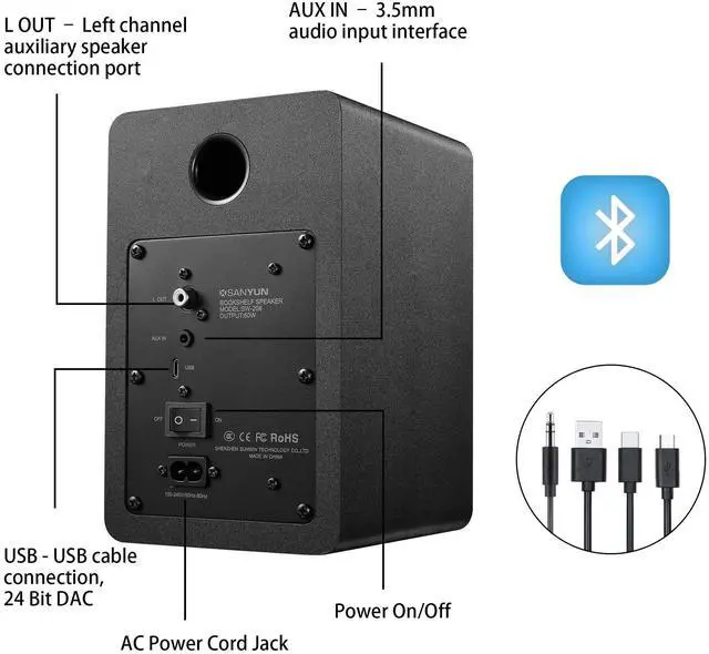 Alt view image 4 of 7 - SW208 3" Active Bluetooth 5.0 Bookshelf Speakers 60W Carbon Fiber Speaker Unit - Built-in 24bit DAC - Dynamic 3D Surround Sound 2.0 Computer PC Monitor Gaming Speakers (Pair, Black)