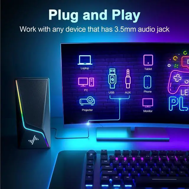 Alt view image 6 of 6 - Computer Speaker, PC Speaker with 6 Colorful LED Modes, USB Powered Desktop Speakers with 2 Bass Boost Ports, 2 Speaker Units and 3.5mm Aux-in Cable for PC, Monitor