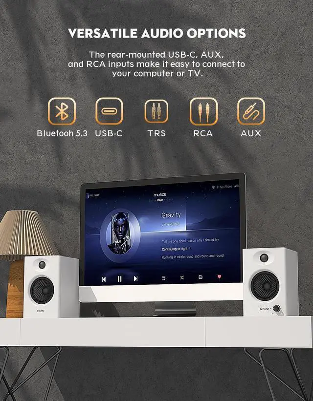 Alt view image 4 of 7 - 60W Computer Speakers for Gaming and Music, Active Bluetooth 5.3, Stereo 2.0 Speakers for Desktop PC Monitor or Laptop, Surround Sound Speaker, 3.5 mm Aux RCA Input, USB-Powered, 1 Pair, White