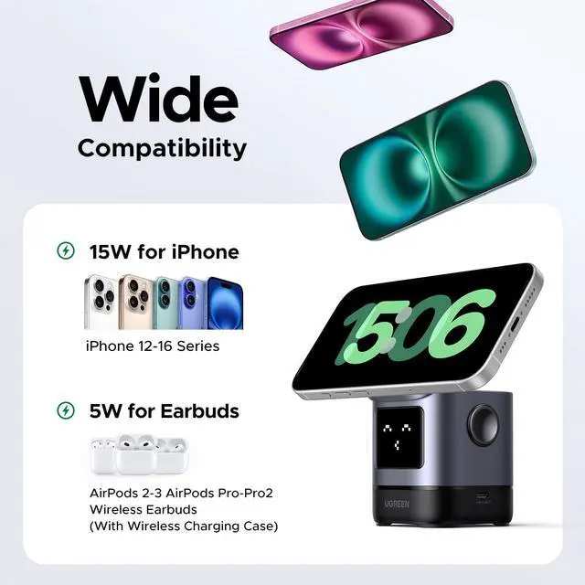 Alt view image 6 of 7 - Qi2 Certified 15W Wireless Charger Stand, 2-in-1 Foldable Charging Station Compatible with iPhone 17/17 Air/17 Pro/17 Pro Max/16/15/14/13/12 Series, AirPods 2/3/Pro (No AC Adapter)