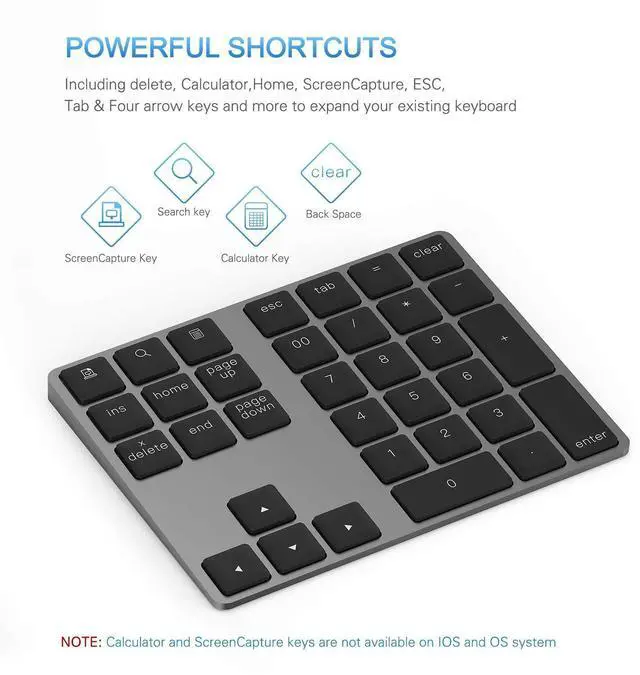 Alt view image 4 of 7 - Bluetooth Number Pad, Aluminum Rechargeable Wireless Numeric Keypad Slim 34-Keys External Numpad Keyboard Data Entry Compatible for Macbook, MacBook Air/Pro, iMac Windows Laptop Surface Pro etc