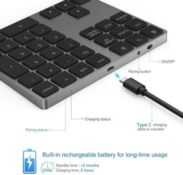 Alt view image 3 of 7 - Bluetooth Number Pad, Aluminum Rechargeable Wireless Numeric Keypad Slim 34-Keys External Numpad Keyboard Data Entry Compatible for Macbook, MacBook Air/Pro, iMac Windows Laptop Surface Pro etc