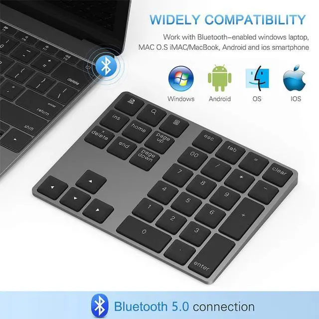 Alt view image 2 of 7 - Bluetooth Number Pad, Aluminum Rechargeable Wireless Numeric Keypad Slim 34-Keys External Numpad Keyboard Data Entry Compatible for Macbook, MacBook Air/Pro, iMac Windows Laptop Surface Pro etc