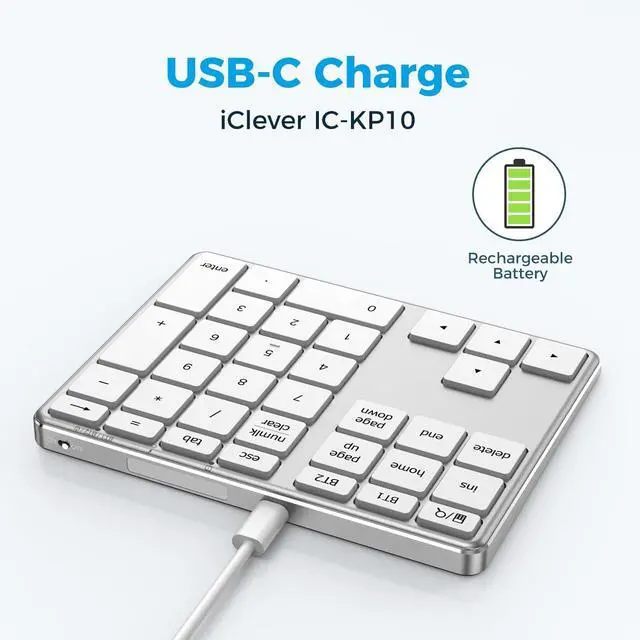 Alt view image 3 of 7 - KP10 Bluetooth Number Pad, Dual Device Connection, 34 Keys Ultra-Slim for Mac/Windows/iPad, USB-C Rechargeable, Quiet Keys, Excel Accounting Numpad with Long Battery Life