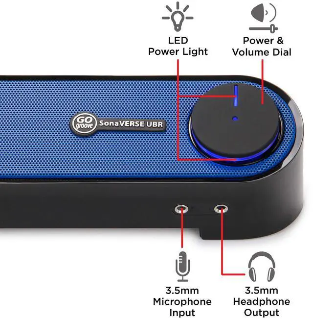 Alt view image 7 of 7 - Computer Speaker Mini Soundbar - USB Powered PC Sound Bar with Easy Setup Wired AUX, Stereo Audio, Microphone Port, Volume Control Knob, Under Monitor Design for Desktop (Blue)
