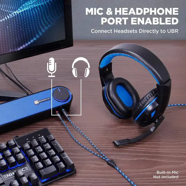 Alt view image 5 of 7 - Computer Speaker Mini Soundbar - USB Powered PC Sound Bar with Easy Setup Wired AUX, Stereo Audio, Microphone Port, Volume Control Knob, Under Monitor Design for Desktop (Blue)