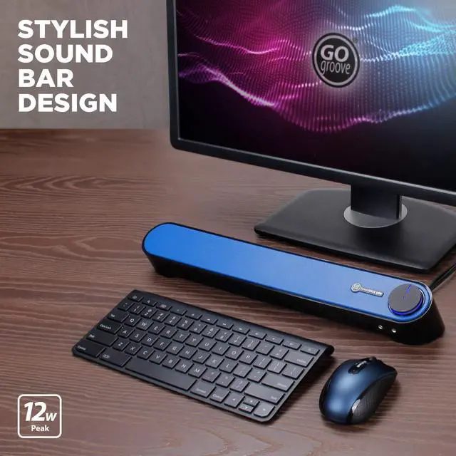 Alt view image 2 of 7 - Computer Speaker Mini Soundbar - USB Powered PC Sound Bar with Easy Setup Wired AUX, Stereo Audio, Microphone Port, Volume Control Knob, Under Monitor Design for Desktop (Blue)