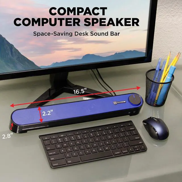 Alt view image 3 of 7 - Computer Speaker Mini Soundbar - USB Powered PC Sound Bar with Easy Setup Wired AUX, Stereo Audio, Microphone Port, Volume Control Knob, Under Monitor Design for Desktop (Blue)
