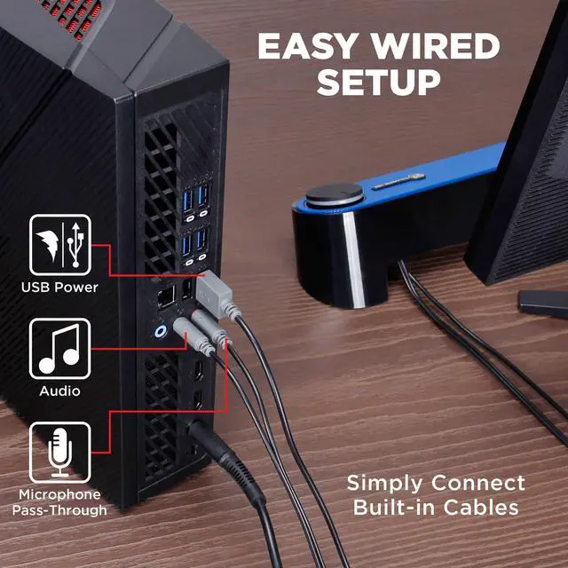 Alt view image 4 of 7 - Computer Speaker Mini Soundbar - USB Powered PC Sound Bar with Easy Setup Wired AUX, Stereo Audio, Microphone Port, Volume Control Knob, Under Monitor Design for Desktop (Blue)