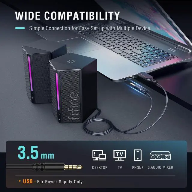 Alt view image 4 of 7 - Computer Speakers, Desktop PC Speakers with Volume Control, RGB Gaming Loudspeakers Wired with 3.5mm Aux Audio Cable for Laptop Monitor Phone Tablet-AmpliGame A20