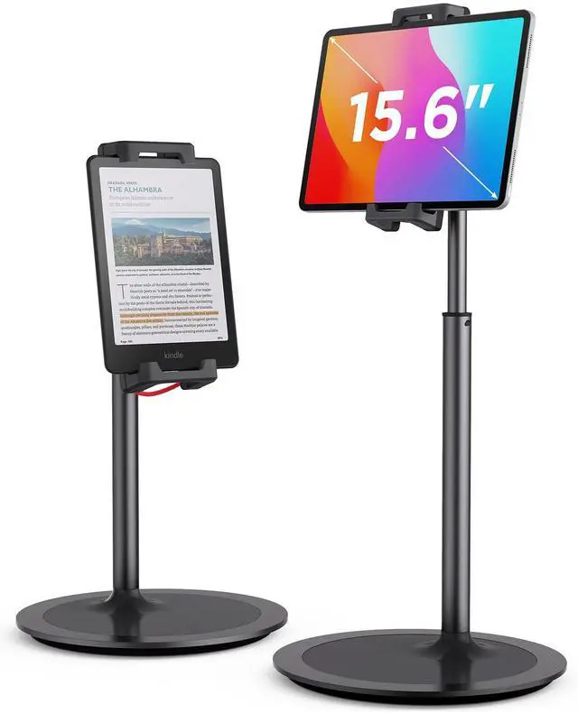 Main image of Tablet Stand Holder, Extra-Height Adjustable Kindle Stand, 360 Degree Rotating iPad Holder, Aluminum Alloy Cradle Mount Dock for 4.7"-15.6" iPhone, Samsung, Tablets, Portable Monitor (Black)