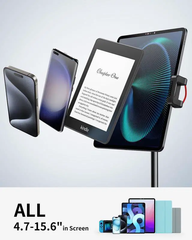 Alt view image 3 of 7 - Tablet Stand Holder, Extra-Height Adjustable Kindle Stand, 360 Degree Rotating iPad Holder, Aluminum Alloy Cradle Mount Dock for 4.7"-15.6" iPhone, Samsung, Tablets, Portable Monitor (Black)
