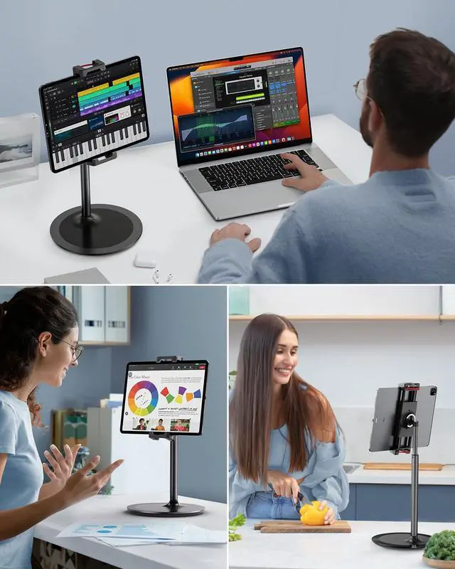 Alt view image 5 of 7 - Tablet Stand Holder, Extra-Height Adjustable Kindle Stand, 360 Degree Rotating iPad Holder, Aluminum Alloy Cradle Mount Dock for 4.7"-15.6" iPhone, Samsung, Tablets, Portable Monitor (Black)